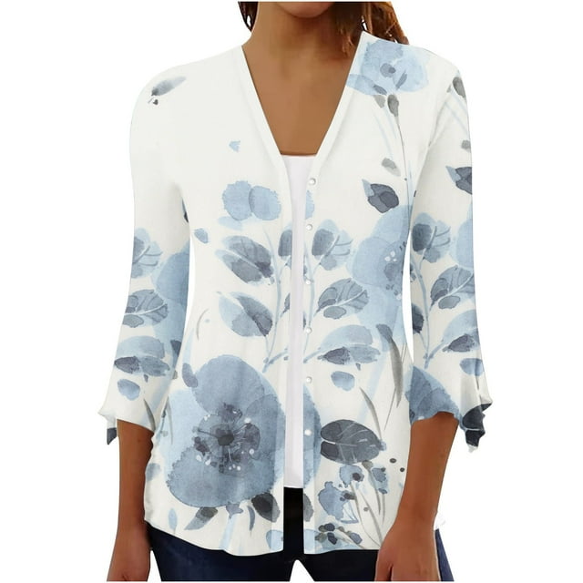 Wolfast Women's Casual Cardigans Open Front 3/4 Sleeve Print Buttons Plus Size Loose Blouses,Beige,L