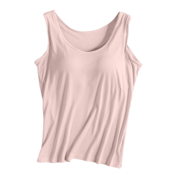 Glisme Ribbed Tank Tops For Women Built In Bra Scoop Neck Loose Fit Solid Color Sleeveless Summer Shirts Beige L