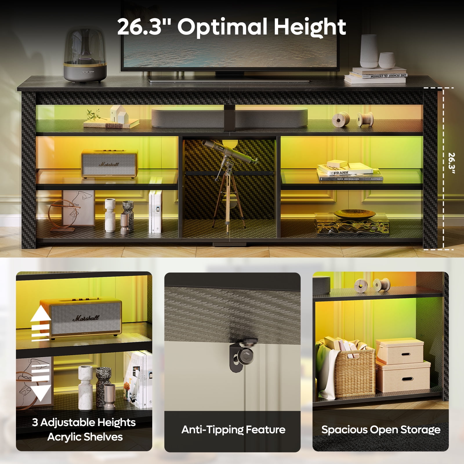 Bestier 63" Tall TV Stand with LED Lights, Entertainment Center for TVs up to 70 inch, TV Console with Storage & Adjustable Shelves in Black Carbon Fiber
