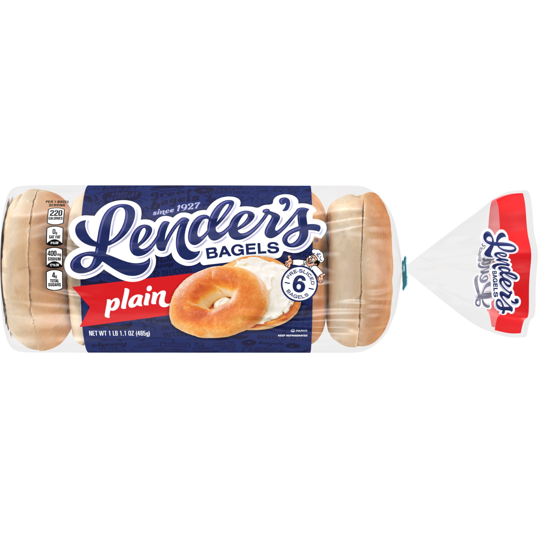 Lender's Original Plain Bagels, 6 count, Pre-sliced Refrigerated Bagels, 17.1 oz Bag