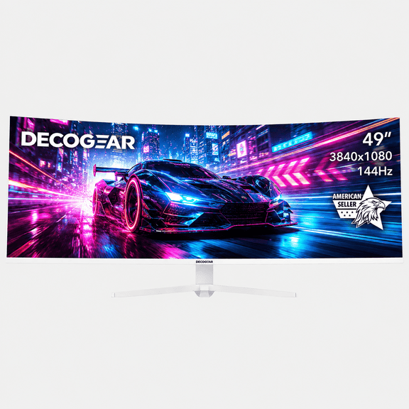 Deco Gear 49" White Curved Ultrawide Monitor, 3840×1080, 32:9, 144Hz, 1ms, HDR, Adaptive Sync, VRR, PIP/PBP, HDMI 2.0, Dual DisplayPort 1.4, Gaming & Work, White