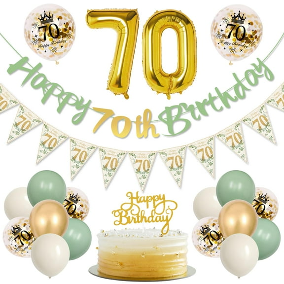 YANSION Sage Green 70th Birthday Party Decorations, Happy 70th Birthday Pennant Banner, Metallic Gold Sequin Sage Green Beige Balloons Number 70 Balloon for Party Birthday Decorations