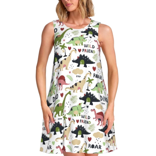 Vsdgher Robes d'Été Imprimé Dinosaure pour Femmes Robe de Plage Décontractée Col en U Sans Manches Robe d'Été Ample avec Poche