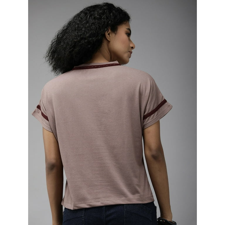 Roadster - By Myntra Casual T-Shirts For Women Mauve Solid V-Neck Casual  Short Sleeves Regular Cotton Ready to Wear T-shirt With Tonal Lace Detail 