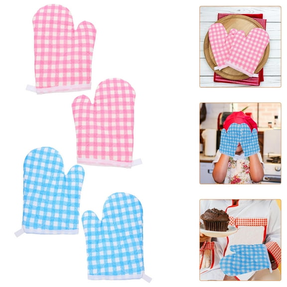 Hemoton 2 Pair Heat Resistant Kids Oven Mitts for Baking and Cooking Cute Plaid Kids' Oven Mitts Heat-Resistant Kitchen Gloves For Microwave Use