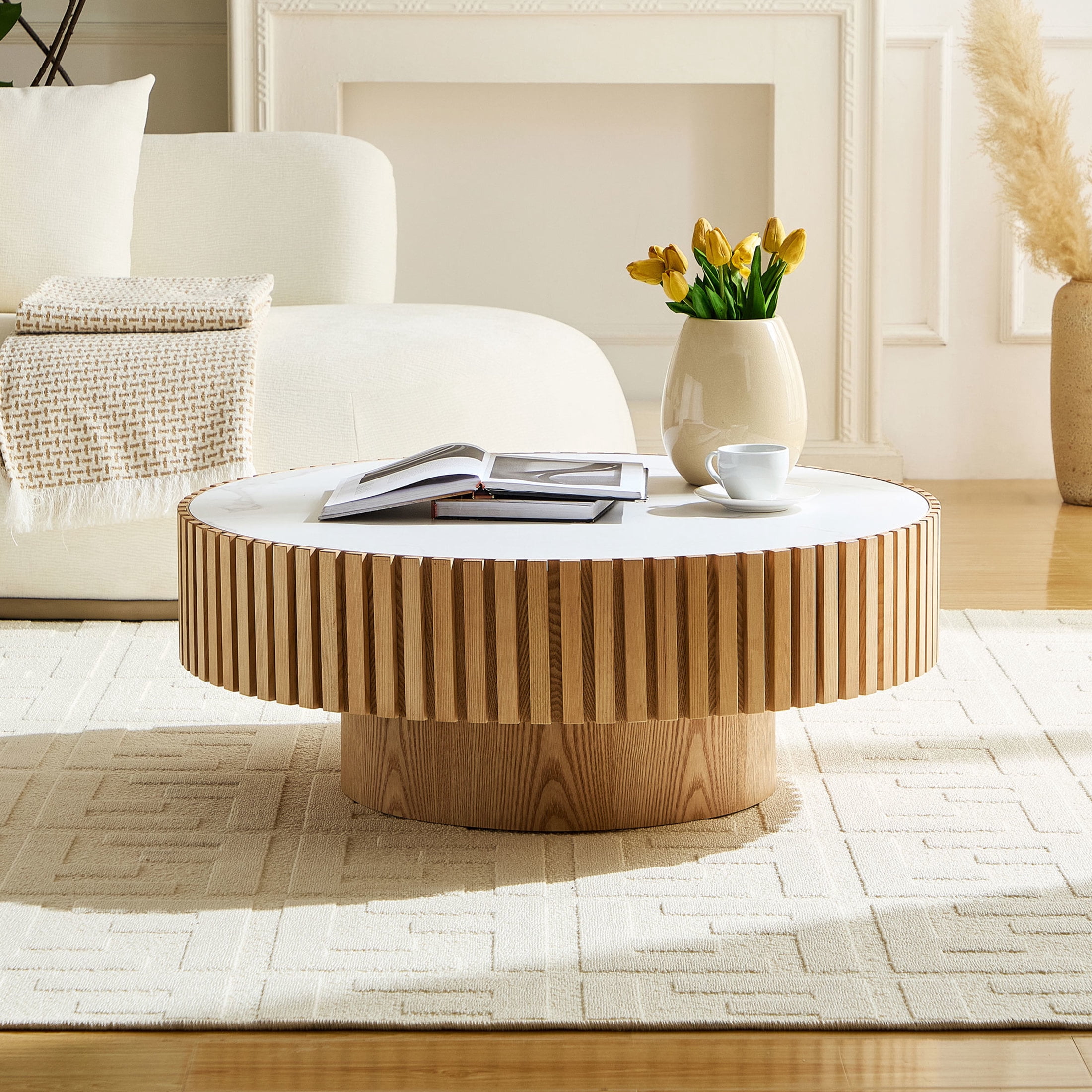 Noble House 35.43" Round Sintered Stone Coffee Table, Fluted Drum Pedestal, Modern Design for Apartment, Natural Ash