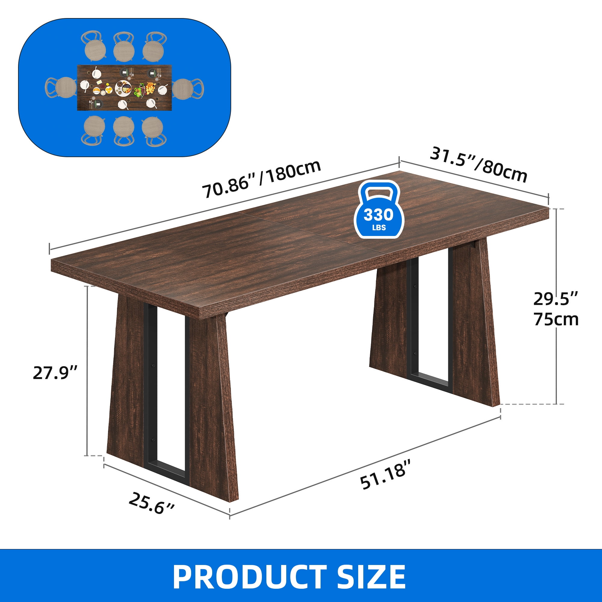 Uforic 70" Wood Dining Table for 6-8 Person, Farmhouse Rectangle Dining Table withHeavy Duty Leg, Kitchen Table for Gathering, Kitchen, Dining Living Room, Brown