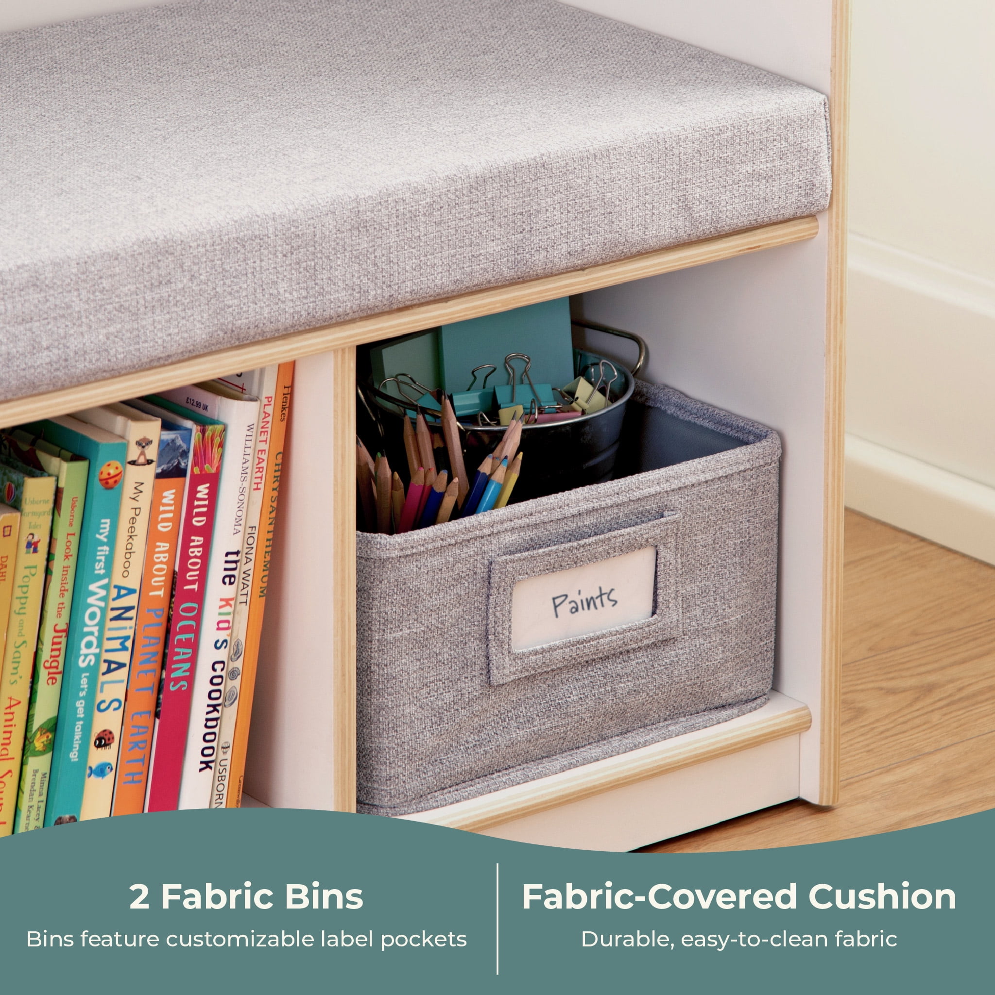 Guidecraft EdQ Kids' Reading Nook - White: Children's Bookshelf Storage Bench with Cubbies and Bins