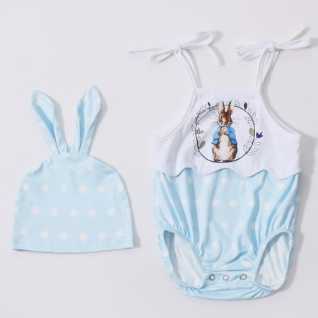 

Leutsin Toddler Baby Girl Ruffled Sleeveless Romper 2pcs Infant Baby Boys Girls Easter Cartoon Rabbit Lace-up Romper + Hat Suit
