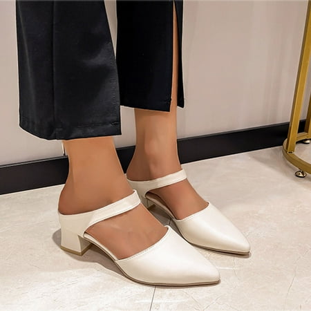 

Cathalem Ladies Fashion Solid Color Leather Thick High Heel Pointed Toe Casual Pumps Shoes Business Casual Heels for Women Beige 8.5