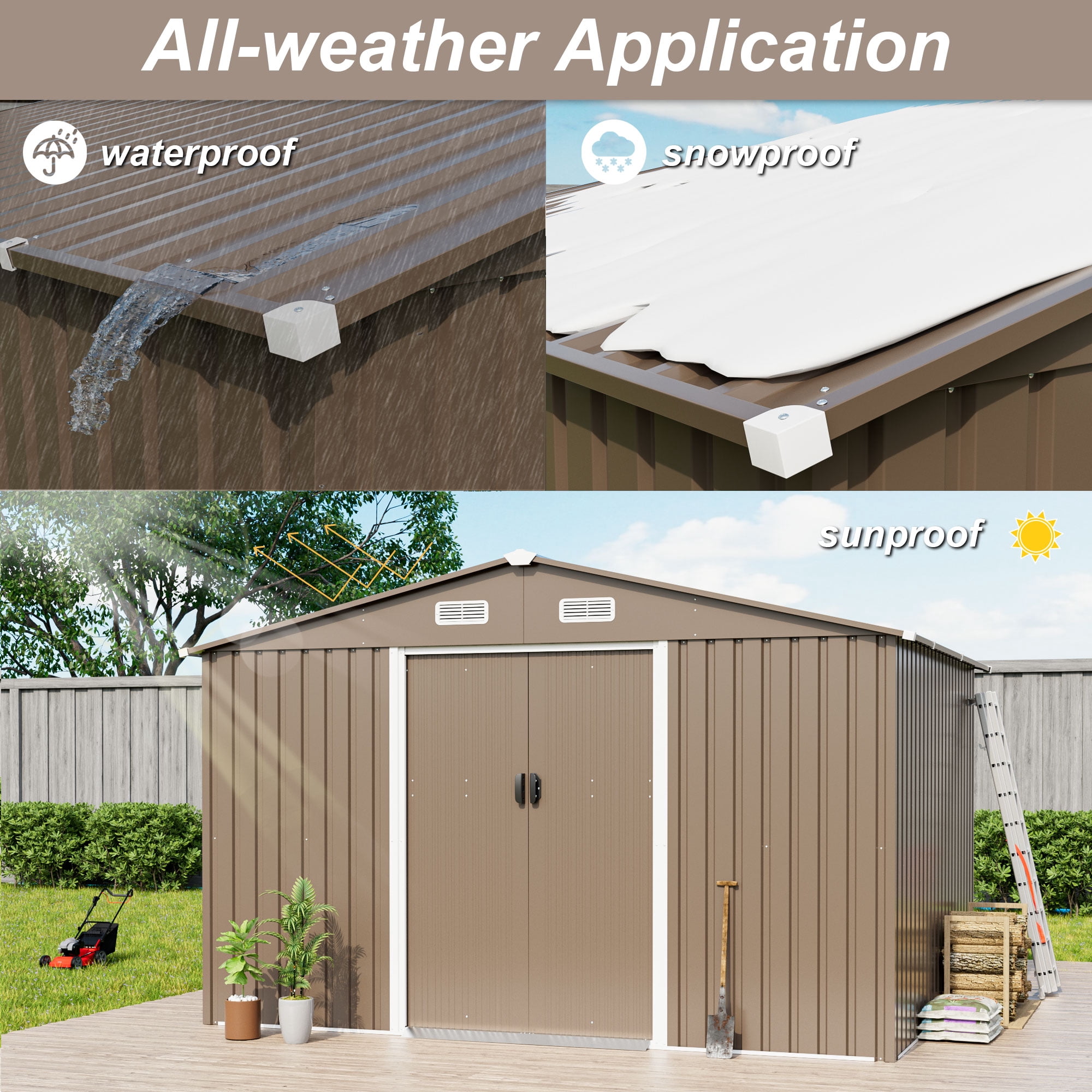 Gotland 10 x 8 FT Metal Tool Storage Shed - Waterproof Outdoor Shed with Lockable Sliding Door & Air Vents for Garden/Backyard