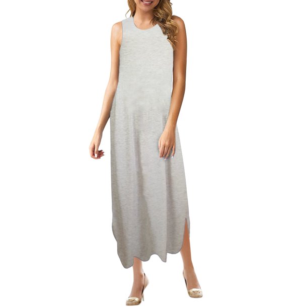 Gibobby Vestido de gasa de verano para mujer Vestido casual de verano sin mangas para mujer Vestidos sueltos divididos con bolsillos(Gris,G)