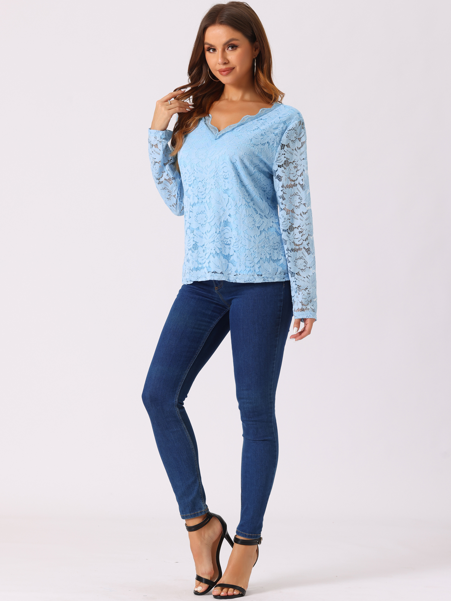 DARING DIVA Floral V-Neck Lace Scalloped Trim Blouse S Sky Blue