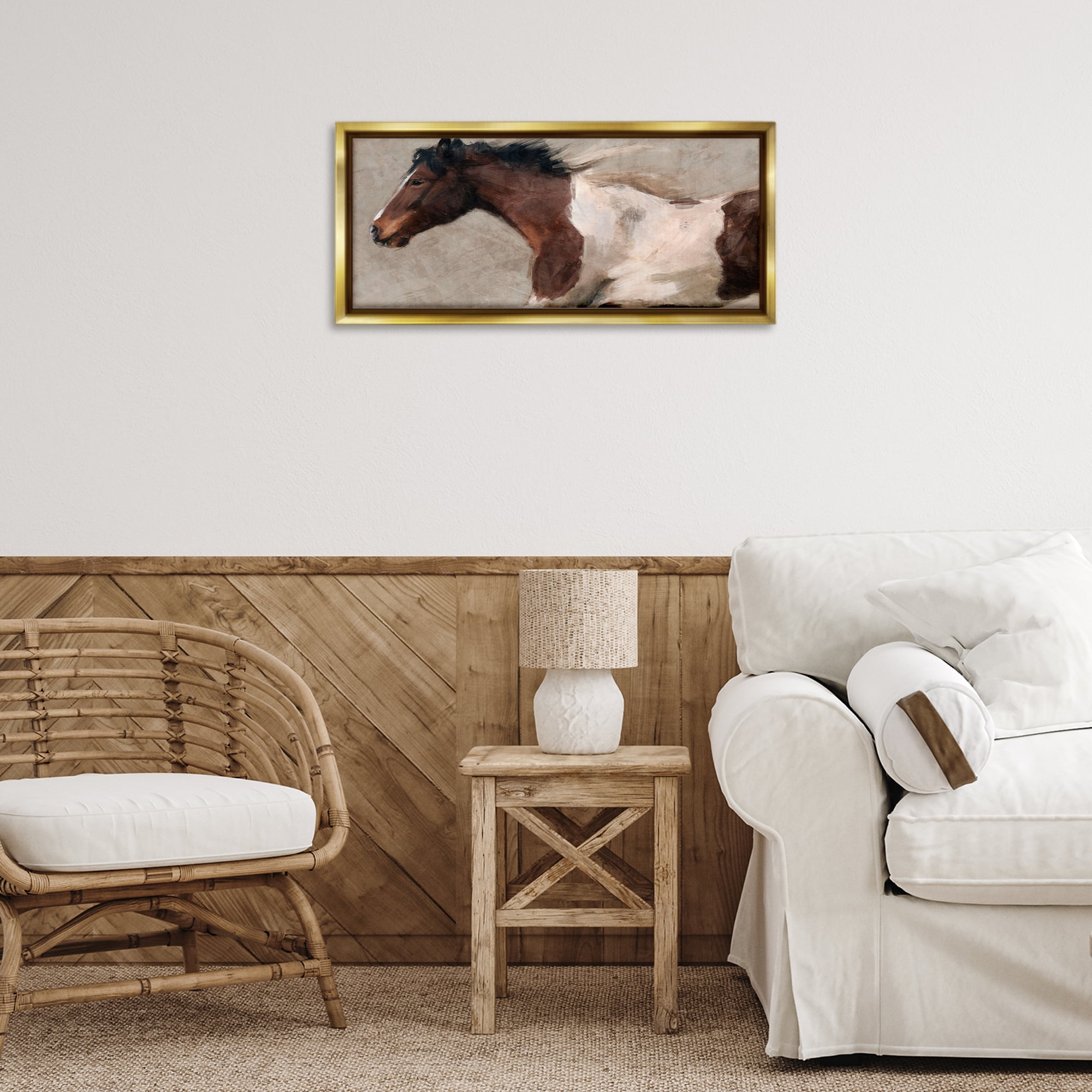 Stupell Industries Dashing Brown Horse Animals Painting Gold Floater Framed Canvas Art Print Wall Art, 25 x 11