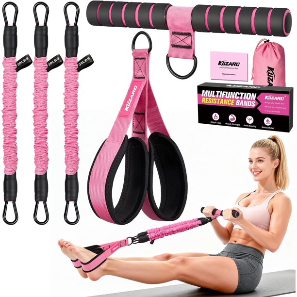 Bandas de resistencia con pedales KUZARO ajustables de 90 lb, rosa