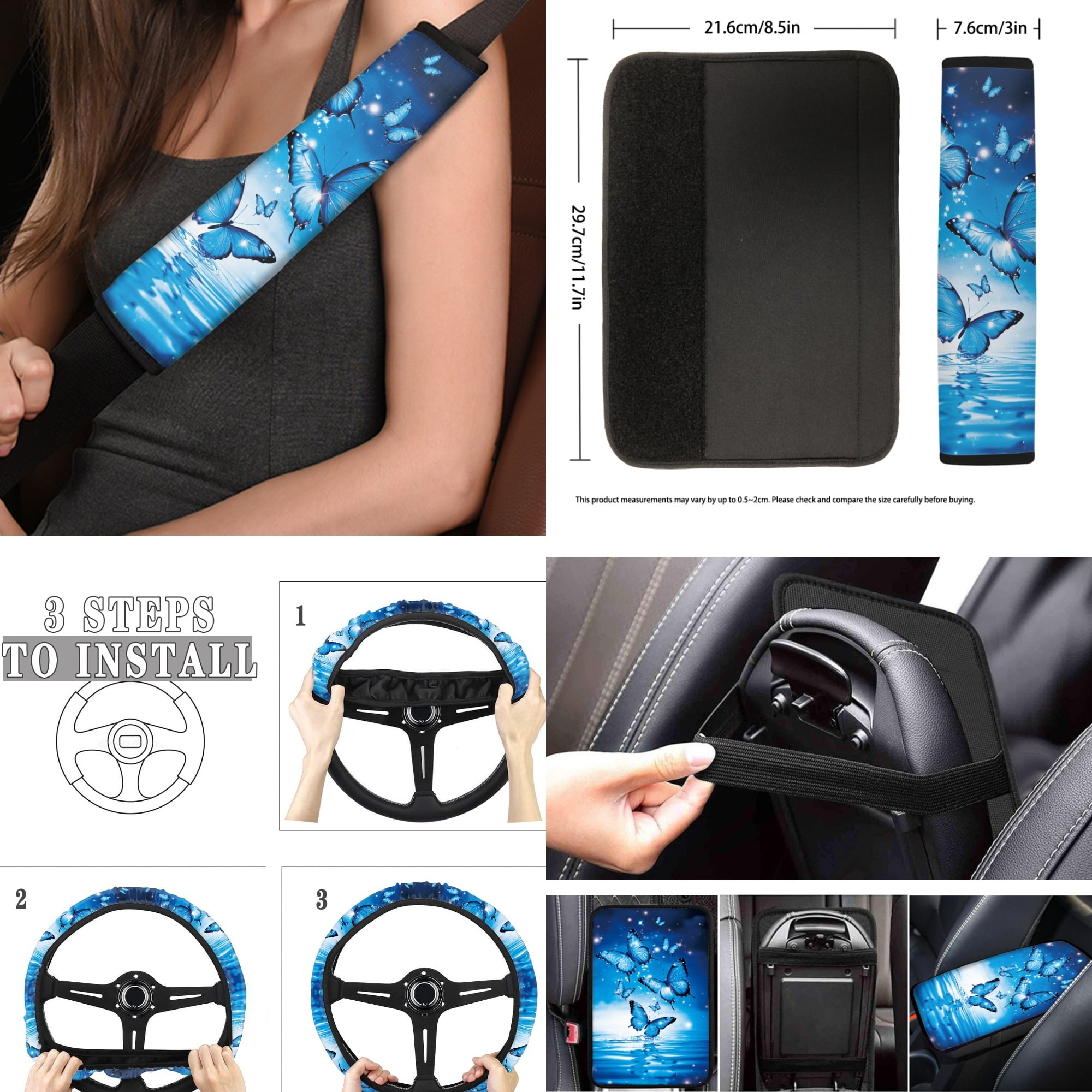 Jeiento Butterfly 17 Pieces Car Seat Cover Full Set for Women, Car Floor Mat, Seat Belt Cover for Adult Steering Wheel Cover Car Accessories for Car SUV Truck, Blue