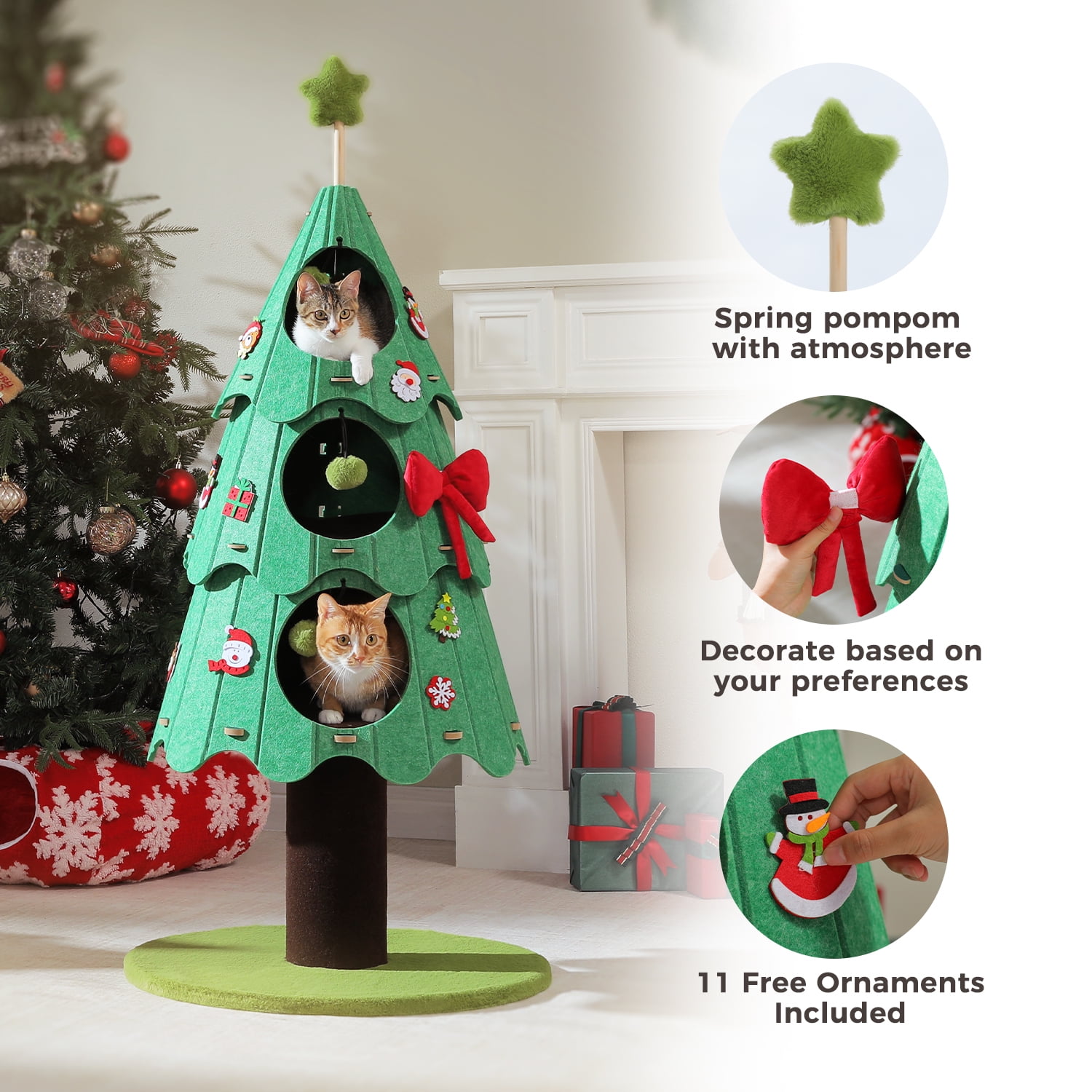 Pefilos 53" Christmas Cat Tree for Indoor Cats, Cat Tower with 3 Condos & 4 Pompoms, Holiday Felt Stickers, Activity Center & Beds, Green