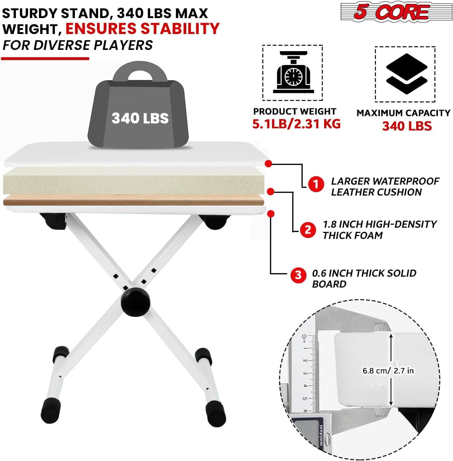 5Core Keyboard Stand Double X Style Adjustable Piano Riser + Keyboard Piano Bench WHITE