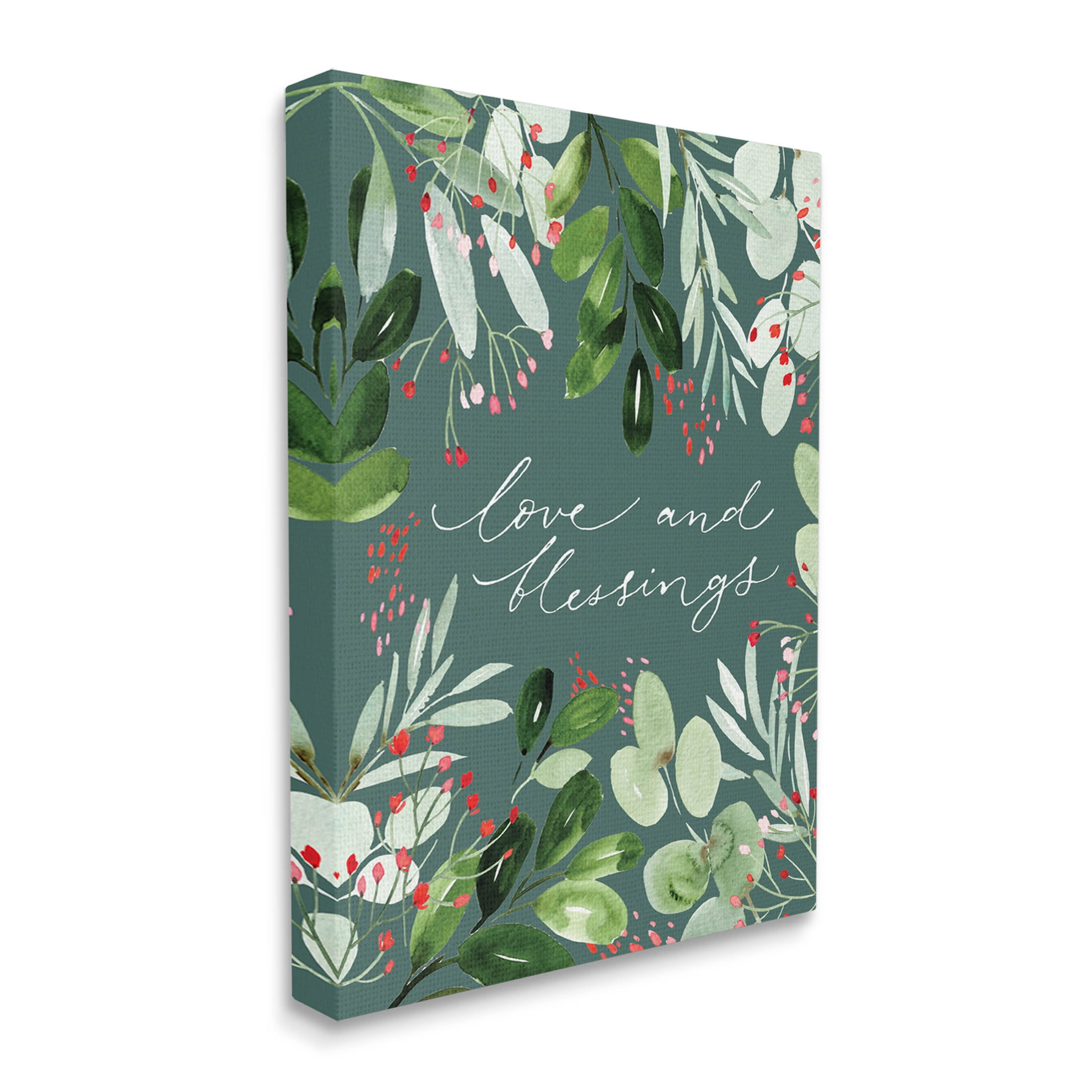 Love & Blessings Green Floral Leaves Holiday Graphic Art Gallery Wrapped Canvas Print Wall Art