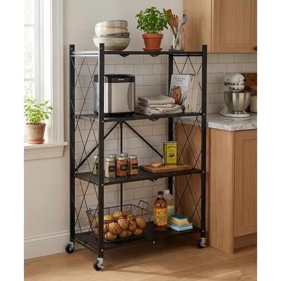 4-Tier Foldable Metal Storage Shelves with Wheels, Heavy Duty Folding Organizer Rack, Metal Storage Rack for Garage, Kitchen, Basement, Pantry