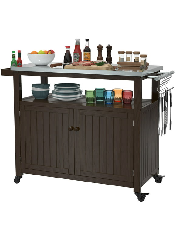 GDLF Outdoor Prep Table Grill Station, Solid Wood Movable Dining Cart Table, Dark Brown
