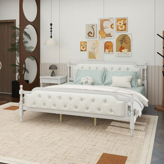 Traditional Style Solid Wood Bed Frame with Upholstered Tufted Headboard,No Box Spring Needed,King Size, Antique White