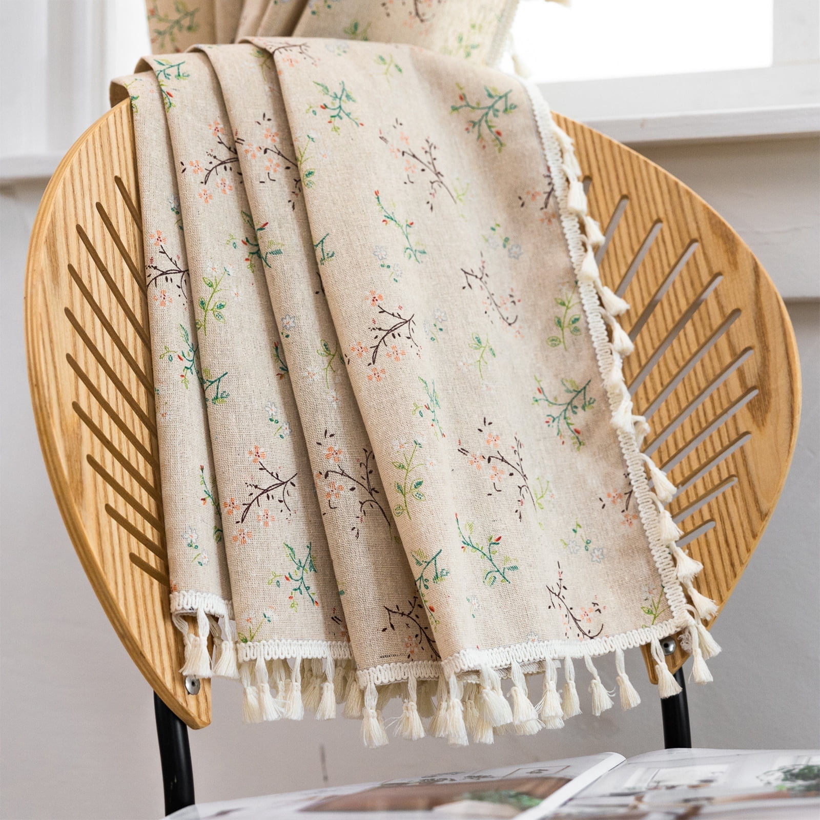 Seasonwood Linen Curtains for Living Room,Semi-Blackout Floral Curtains,Beige Farmhouse Curtains 59"x84",2 Panels