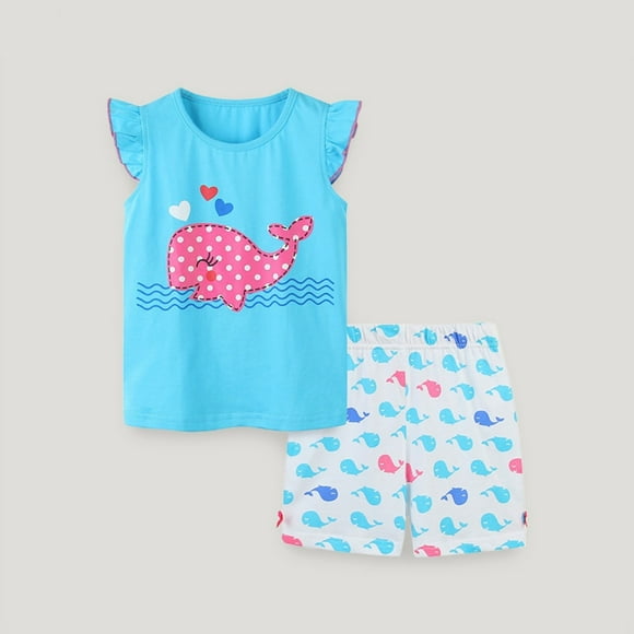 Rovga Spring Outfits For Girls 7-8 Years Crew Neck Solid Color Cartoon Letter Printed Short Sleeve Kids Cartoon Fly Sleeve T Shirt Tops And Plaid Shorts 2Pcs Set Elegance Daily Wear Sky Blue