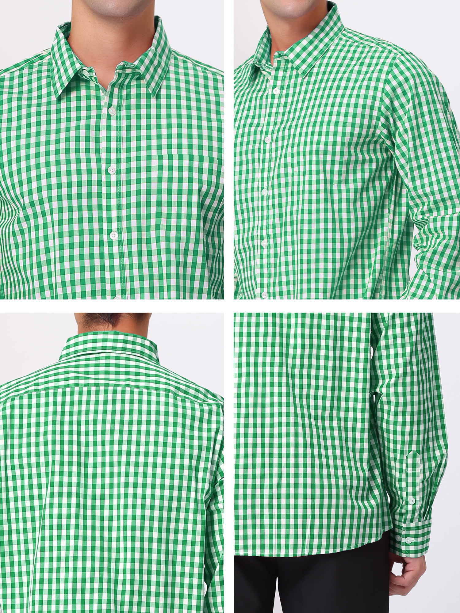 Unique Bargains Men's Plaid Button Down Long Sleeves Dress Checkered Shirts XL Green White
