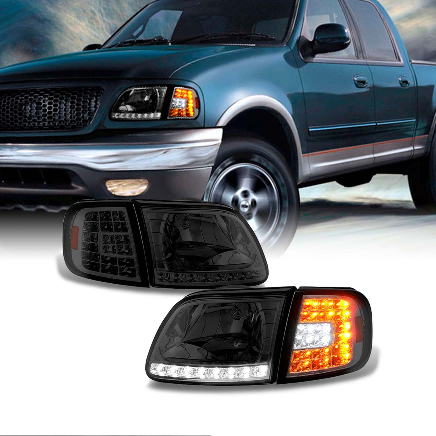 Carpartsinnovate For 97-04 Ford F150 97-02 Expedition Pickup Smoke Corner Lamps Turning Signal Light 