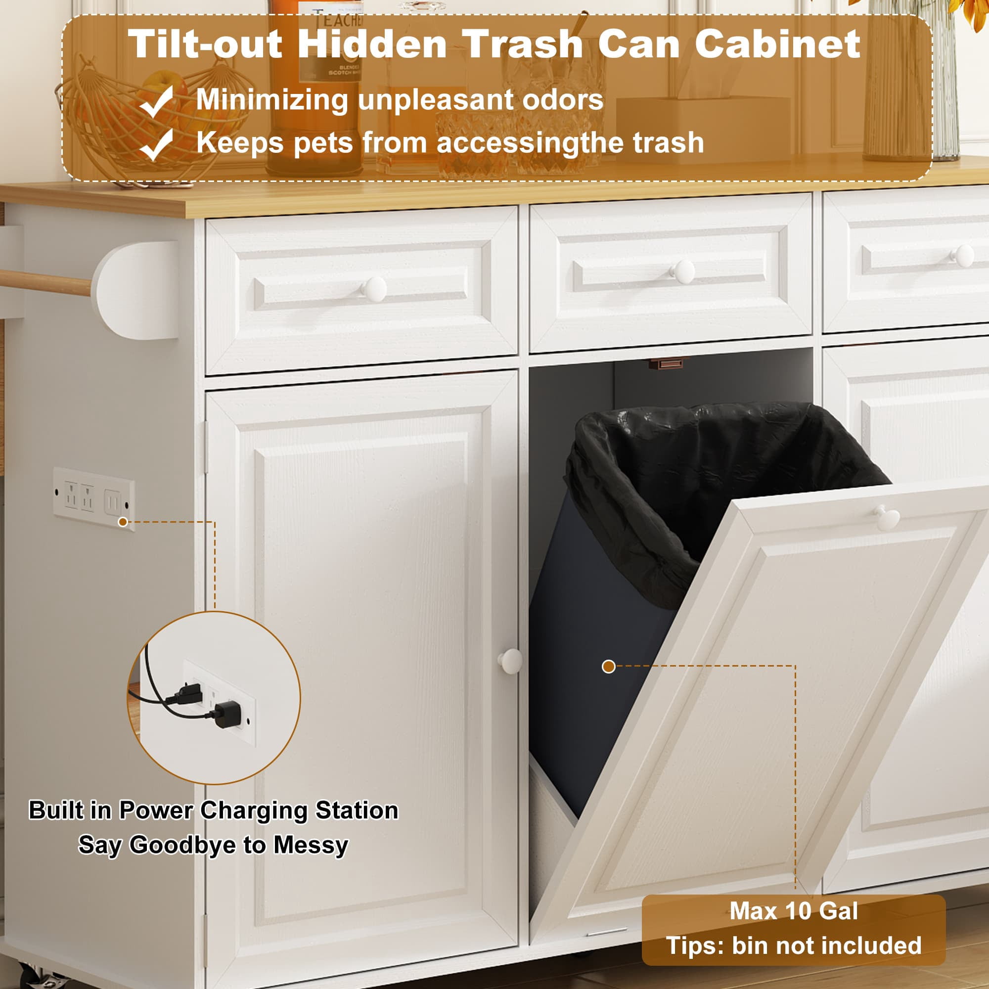 ANPOO Rolling Large Kitchen Island Cart with Sliding Drop Leaf, Trash Can Storage & Power Outlet, 7 Spice Racks, 63" White