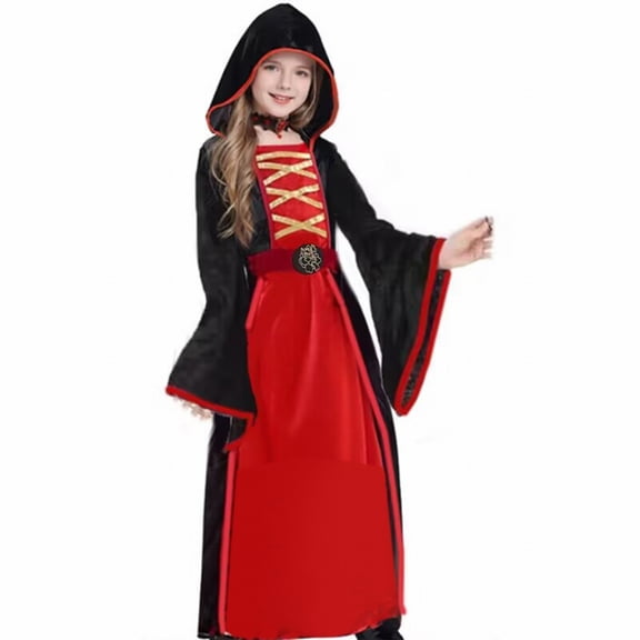 Ruyang Girls Vampire Dress Outfit with Hooded Cloak Kids Halloween Long Robe Fall Winter Clothes Holiday Party Dress Up Sets
