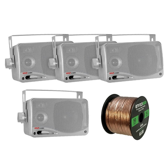 4 x New Pyle PLMR24 3.5'' 200 Watt 3-Way Weather Proof Marine Mini Box Speaker System (Black), and Enrock Audio 16-Gauge 50 Foot Speaker Wire