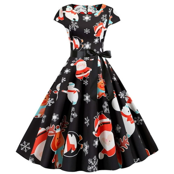 Fesfesfes Christmas Women Gowns Zipper Bandage Retro Print Short Sleeve Evening O-Neck Party Prom Vintage Dress Under $10