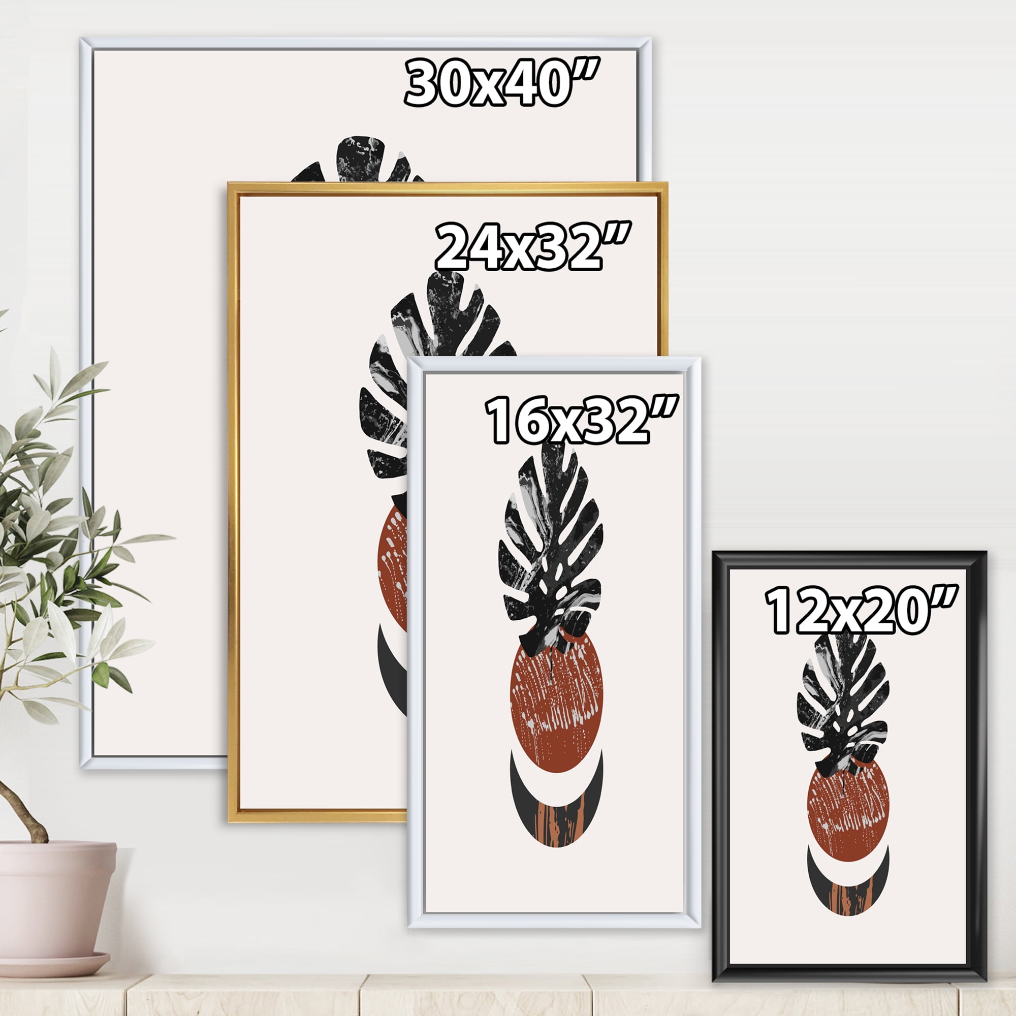 Designart 'Abstact Tropical Palm Leaf, Minimal Sun And Moon II' Modern Framed Canvas Wall Art Print