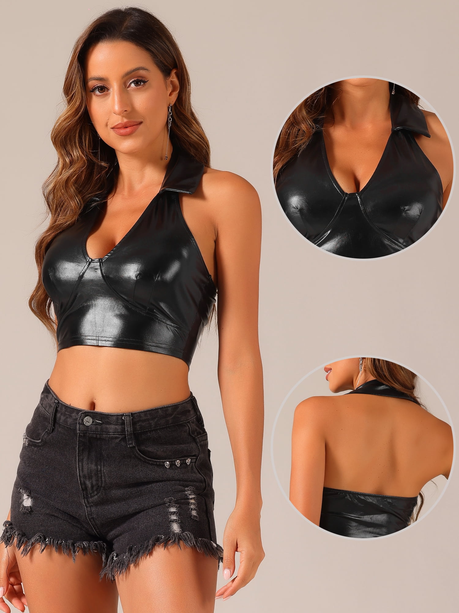DARING DIVA Women's Shimmering Shiny Holographic Crop Halter Metallic Tops L Black