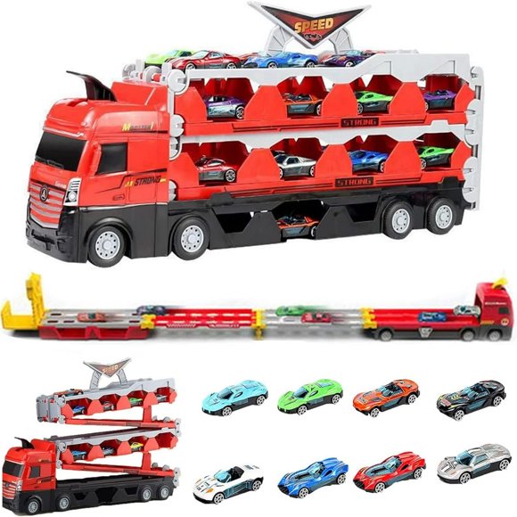 Mega Hauler Truck with Ejection Race Track  New Big Truck 5Ft Folding Storage Race Track Deformation Catapult Alloy Car  Transporter Truck Toy Set for Kids Gift (16 Cars)