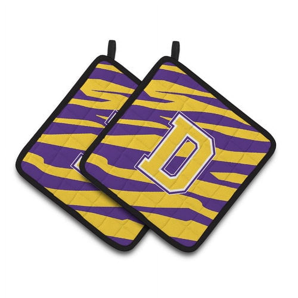 Letter A Monogram - Tiger Stripe - Purple Gold Pair of Pot Holders