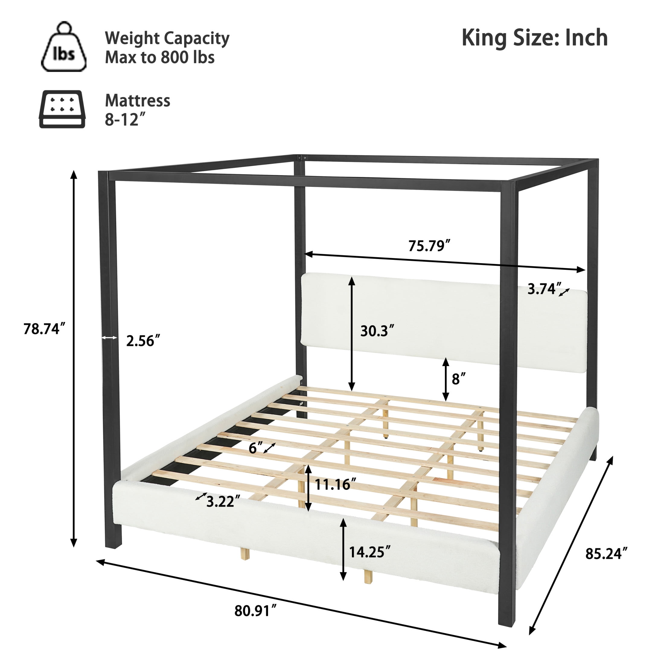 Christopher Knight Home Modern King Metal Canopy Bed Frame with Boucle Upholstery, Black+White