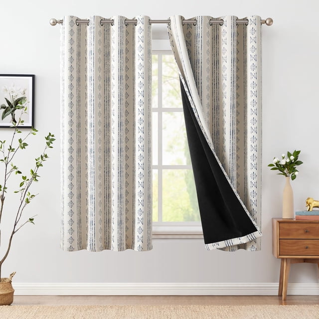 Cortinas Jinchan Blackout 95% Boho, 160 x 160 cm, azul sobre beige