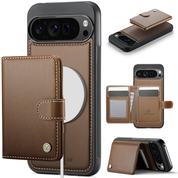 Case for Google Pixel 11 Pro, PU Leather Wallet Cover with Detachable Magnetic Card Holder RFID Blocking Protection Kickstand 2-in-1 Drop Protective Case for Google Pixel 11 Pro, Brown