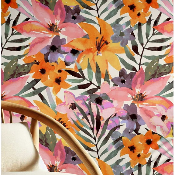 S4Sassy Peel and Stick Wall Covering, Tropical Watercolor Lily Garden Removable Wall Wrap- Multicolor Instant Walls Mural for Bathroom, Laundry Room, Closet- Self-Adhesive Wallpaper Vinyl -25"x120"