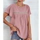 thumbnail image 3 of Top de manga corta con cuello redondo para mujer, blusa informal elegante de encaje de Color puro para trabajo de oficina, rosa M, 3 of 7