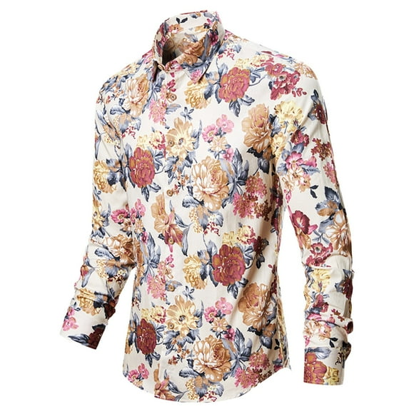 JURANMO Big and Tall Dressy Shirts for Men Fashion Floral Print Long Sleeve Shirts Slim Fit Lapel Button Down Shirts 2024 Trendy Fall Wedding Western Shirt Today's Deals White XL