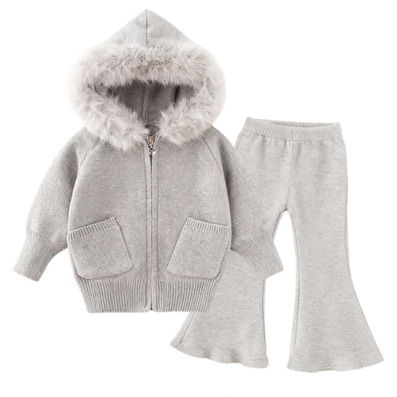 Afdoent Girls 2 Piece Outfits Girls Winter Outfit Cozy Hooded Cardigan With Relaxed Fit Two Pocket Knit Sweater Casual Loungewear 100