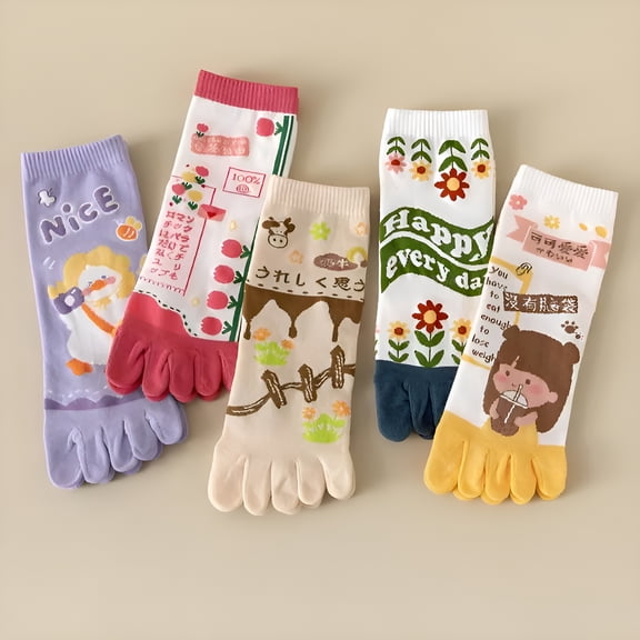TELOLY 5 Pairs Cartoon Cute Women Toe Socks with Separate Fingers Cotton Mid Tube Five Finger Socks Sports Yoga Spring Summer