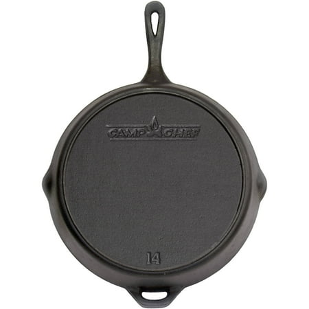 UPC: 0033246207674 | Camp Chef Cast Iron Skillet 14-Inch – SK14 End Grab Handle Dual Pour Spouts