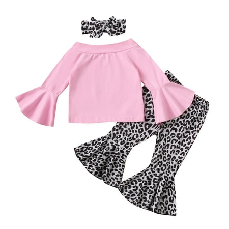 

Toddler Girls Long Sleeve T Shirt Tops Dot Leopard Printed Bell Flare Pants Headbands Kids Outfits Size 6 Months-4 Years