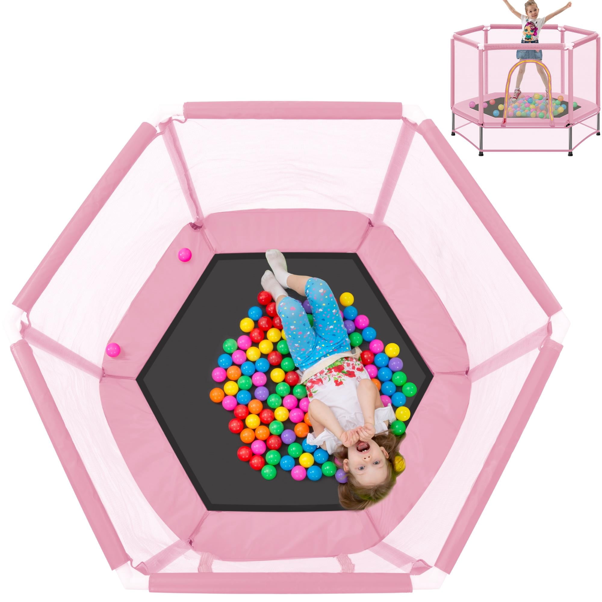 55'' Mini Toddler Trampoline, Small Trampoline for Kids with Enclosure Net, Round Indoor Outdoor Trampoline w/Balls as Gift for Boy & Girl Christmas, Halloween, Birthday Toy, Pink