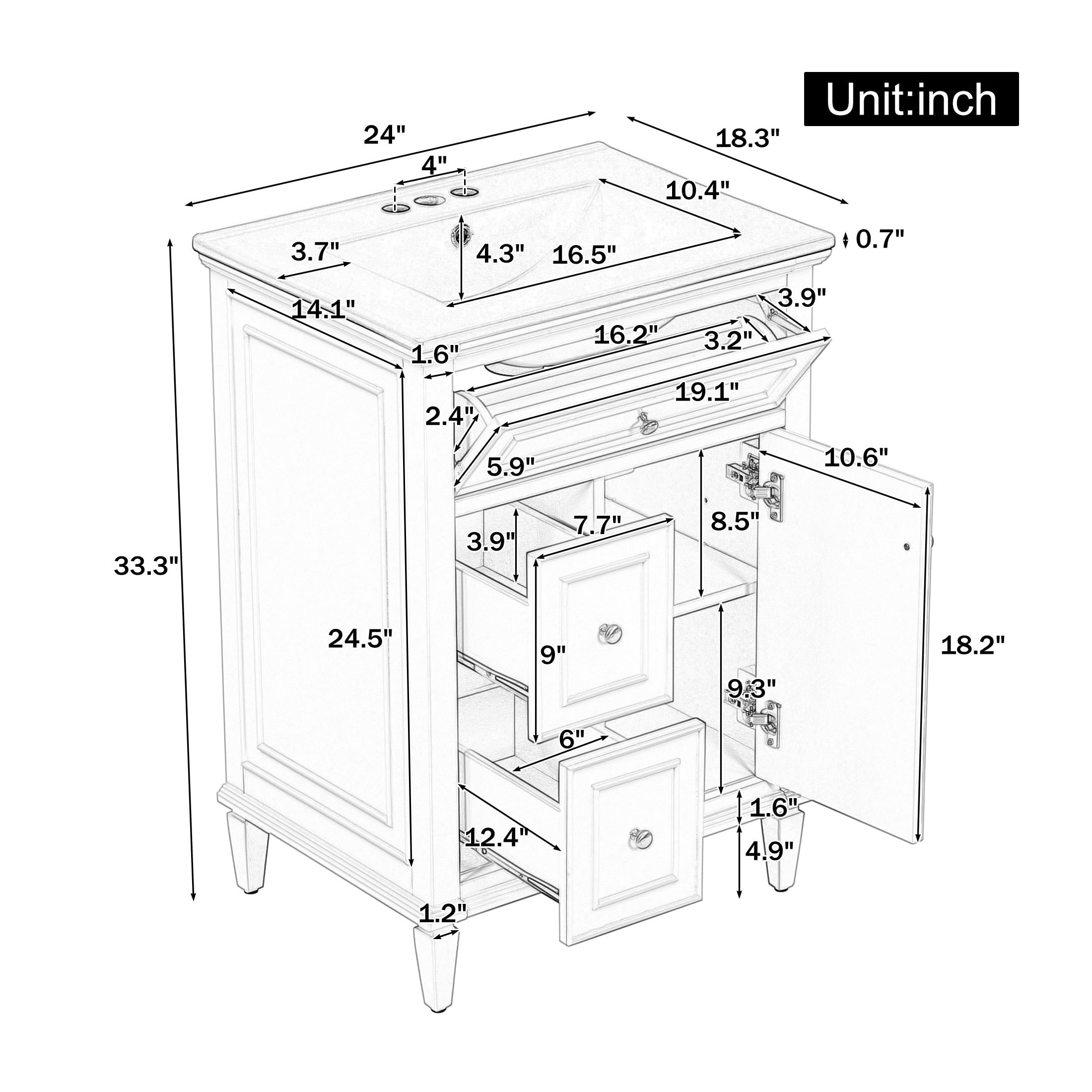 GDF Studio 24" Bathroom Vanity with Sink, Open-Back for Plumbing, Cabinet with Drawers and Adjustable Shelf, White